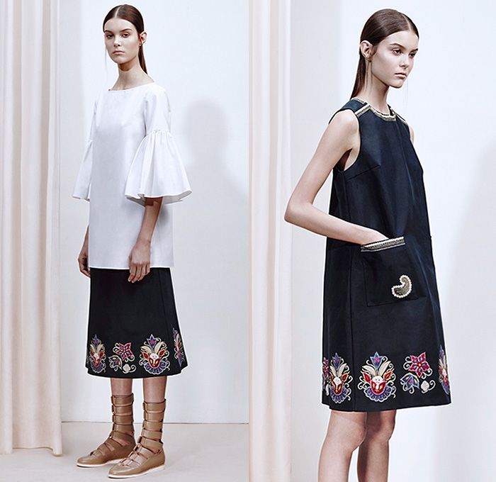 SUNO New York 2016 Resort Cruise Pre-Spring Womens Lookbook Presentation - 1960s Sixties Hippie Boho Bohemian Chic 3D Flowers Florals Motif Sheer Chiffon Lace Perforated Shirtdress Bumblebees Gladiator Sandals Vest Waistcoat Bell Sleeves Ruffles Skirt Frock Paisley Cropped Pants Stripes Accordion Pleats Maxi Dress Goddess Gown