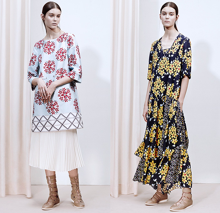 SUNO New York 2016 Resort Cruise Pre-Spring Womens Lookbook Presentation - 1960s Sixties Hippie Boho Bohemian Chic 3D Flowers Florals Motif Sheer Chiffon Lace Perforated Shirtdress Bumblebees Gladiator Sandals Vest Waistcoat Bell Sleeves Ruffles Skirt Frock Paisley Cropped Pants Stripes Accordion Pleats Maxi Dress Goddess Gown