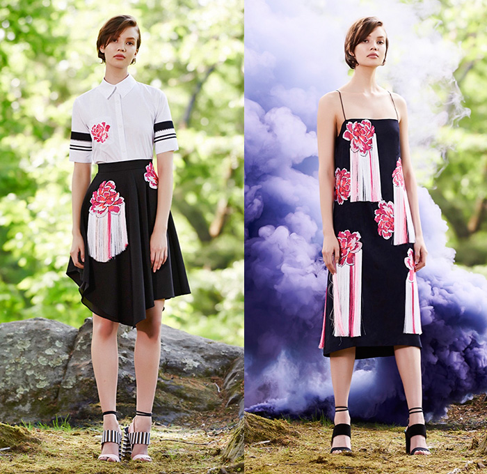 Tanya Taylor 2016 Resort Cruise Pre-Spring Womens Lookbook Presentation - Flowers Florals Motif Angular Hem Blouse Fringes Noodle Spaghetti Strap Maxi Dress Bomber Jacket Leather Skirt Frock Colorblock Stripes Accordion Pleats Shirtdress Popover Outerwear Blazer Sweater Jumper Tie Up Waist