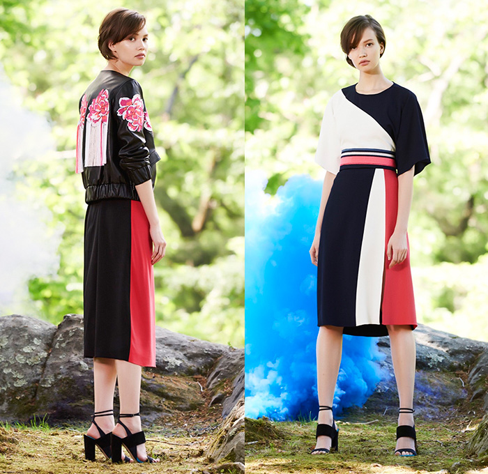 Tanya Taylor 2016 Resort Cruise Pre-Spring Womens Lookbook Presentation - Flowers Florals Motif Angular Hem Blouse Fringes Noodle Spaghetti Strap Maxi Dress Bomber Jacket Leather Skirt Frock Colorblock Stripes Accordion Pleats Shirtdress Popover Outerwear Blazer Sweater Jumper Tie Up Waist