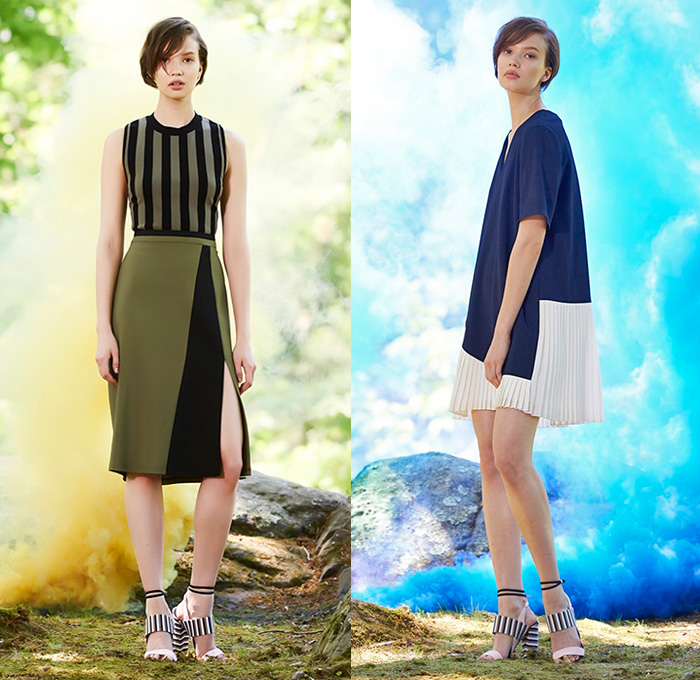 Tanya Taylor 2016 Resort Cruise Pre-Spring Womens Lookbook Presentation - Flowers Florals Motif Angular Hem Blouse Fringes Noodle Spaghetti Strap Maxi Dress Bomber Jacket Leather Skirt Frock Colorblock Stripes Accordion Pleats Shirtdress Popover Outerwear Blazer Sweater Jumper Tie Up Waist