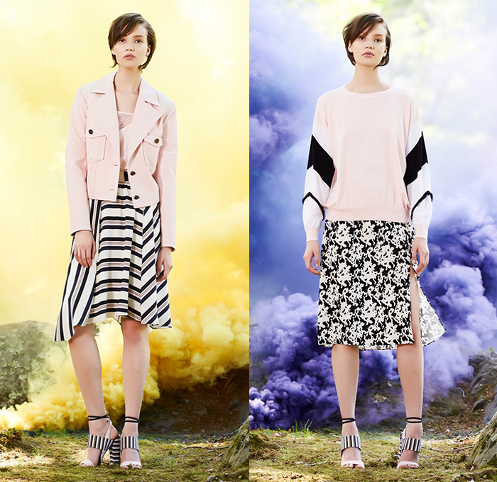 Tanya Taylor 2016 Resort Cruise Pre-Spring Womens Lookbook Presentation - Flowers Florals Motif Angular Hem Blouse Fringes Noodle Spaghetti Strap Maxi Dress Bomber Jacket Leather Skirt Frock Colorblock Stripes Accordion Pleats Shirtdress Popover Outerwear Blazer Sweater Jumper Tie Up Waist