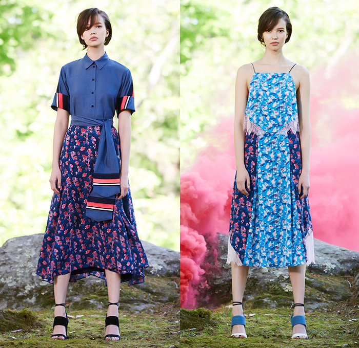 Tanya Taylor 2016 Resort Cruise Pre-Spring Womens Lookbook Presentation - Flowers Florals Motif Angular Hem Blouse Fringes Noodle Spaghetti Strap Maxi Dress Bomber Jacket Leather Skirt Frock Colorblock Stripes Accordion Pleats Shirtdress Popover Outerwear Blazer Sweater Jumper Tie Up Waist