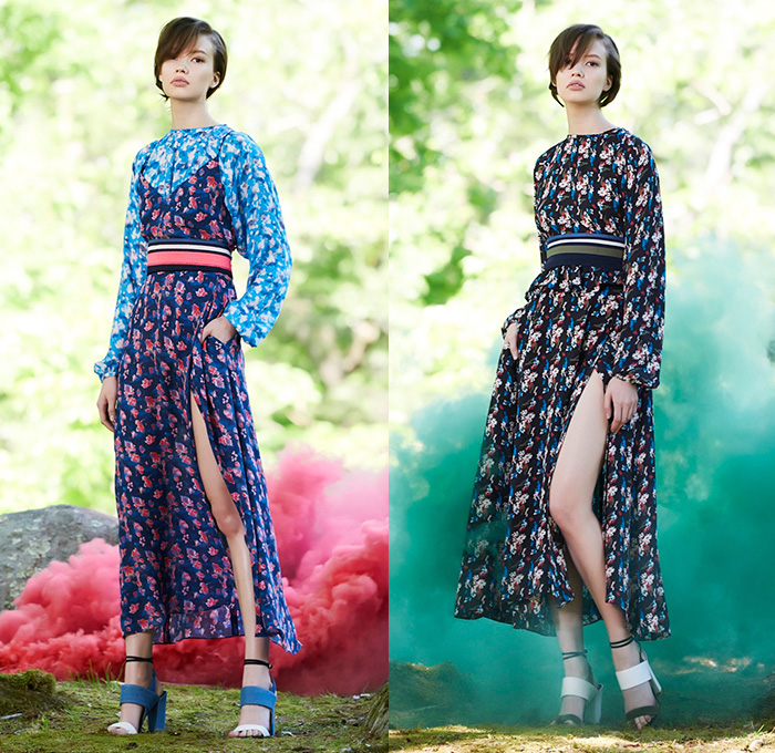 Tanya Taylor 2016 Resort Cruise Pre-Spring Womens Lookbook Presentation - Flowers Florals Motif Angular Hem Blouse Fringes Noodle Spaghetti Strap Maxi Dress Bomber Jacket Leather Skirt Frock Colorblock Stripes Accordion Pleats Shirtdress Popover Outerwear Blazer Sweater Jumper Tie Up Waist