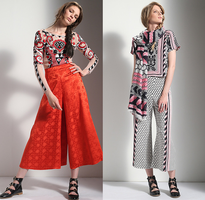 Temperley London 2016 Resort Cruise Pre-Spring Womens Lookbook Presentation - Russian Dolls Native American Indian Navajo Ornamental Print Tribal Ethnic Folk Chambray Denim Jeans Tunic Pantsuit Wide Leg Trousers Palazzo Pants Culottes Check Vest Waistcoat Outerwear Blazer Motorcycle Biker Leather Jacket Blouse Sheer Chiffon Tulle Lace Embroidery Bedazzled Onesie Jumpsuit Coveralls Knit Honeycomb Maxi Dress Silk Gown