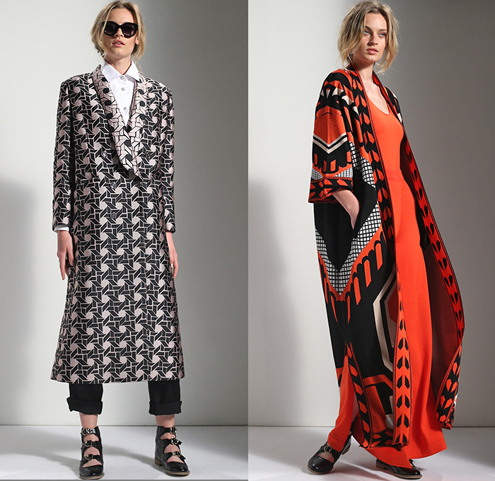 Temperley London 2016 Resort Cruise Pre-Spring Womens Lookbook Presentation - Russian Dolls Native American Indian Navajo Ornamental Print Tribal Ethnic Folk Chambray Denim Jeans Tunic Pantsuit Wide Leg Trousers Palazzo Pants Culottes Check Vest Waistcoat Outerwear Blazer Motorcycle Biker Leather Jacket Blouse Sheer Chiffon Tulle Lace Embroidery Bedazzled Onesie Jumpsuit Coveralls Knit Honeycomb Maxi Dress Silk Gown