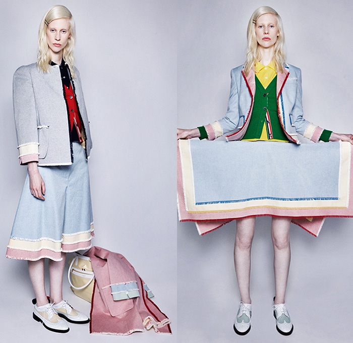 Thom Browne 2016 Resort Cruise Pre-Spring Womens Lookbook Presentation - Oxford Preppy Tweed Silk Wool Jacquard Mohair Outerwear Coat Blazer Pantsuit Skirt Frock Colorblock Frayed Raw Hem Zipper Dress Plaid Tartan Check Scarf Blouse Lace Cropped Pants Trousers Patchwork Mix Match Flowers Floral Pattern Stripes Chunky Knit Sweater Jumper Gown Tote Bag Wing Tip Brogues Boots Leather