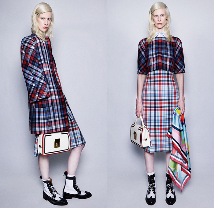 Thom Browne 2016 Resort Cruise Pre-Spring Womens Lookbook Presentation - Oxford Preppy Tweed Silk Wool Jacquard Mohair Outerwear Coat Blazer Pantsuit Skirt Frock Colorblock Frayed Raw Hem Zipper Dress Plaid Tartan Check Scarf Blouse Lace Cropped Pants Trousers Patchwork Mix Match Flowers Floral Pattern Stripes Chunky Knit Sweater Jumper Gown Tote Bag Wing Tip Brogues Boots Leather