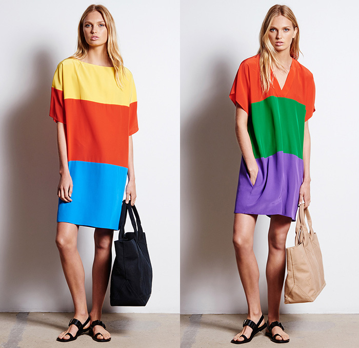 Tomas Maier 2016 Resort Cruise Pre Spring Womens Lookbook Presentation - Denim Jeans Shirtdress Popover Maxi Dress Zipper Frayed Raw Hem Long Sleeve Blouse Drawstring Outerwear Jacket Sandals Mesh Lace V-Neck Shorts Leather Slim Sleeveless Boots Banded Collar Wrap Pencil Skirt Colorful Bold Stripes Cargo Pockets Sweater Panel