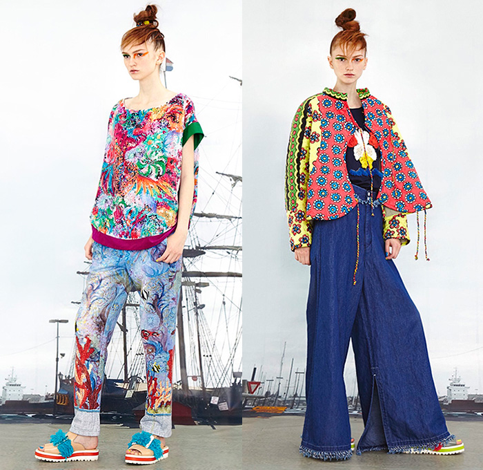 Tsumori Chisato 2016 Resort Cruise Pre-Spring Womens Lookbook Presentation - Pirate Ship Motif Graphic Print Denim Jeans Artwork Sandals Tunic Blouse Abstract Wide Leg Trousers Palazzo Pants Shorts Frayed Raw Hem Fringes Drawstring Knit Sweater Asymmetrical Furry Pants Trousers Outerwear Coatdress Jacket Cape Poncho Dress Shirtdress Skirt Frock Sheer Chiffon Lace Bib Flowers Stripes Embroidery Plaid