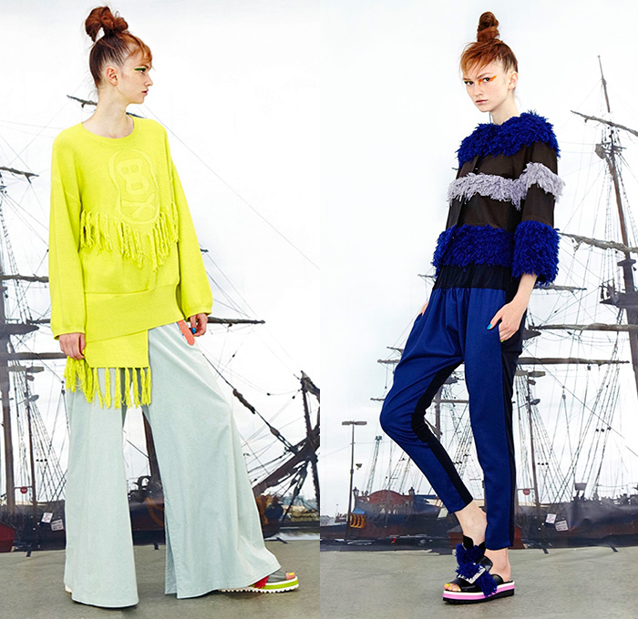 Tsumori Chisato 2016 Resort Cruise Pre-Spring Womens Lookbook Presentation - Pirate Ship Motif Graphic Print Denim Jeans Artwork Sandals Tunic Blouse Abstract Wide Leg Trousers Palazzo Pants Shorts Frayed Raw Hem Fringes Drawstring Knit Sweater Asymmetrical Furry Pants Trousers Outerwear Coatdress Jacket Cape Poncho Dress Shirtdress Skirt Frock Sheer Chiffon Lace Bib Flowers Stripes Embroidery Plaid