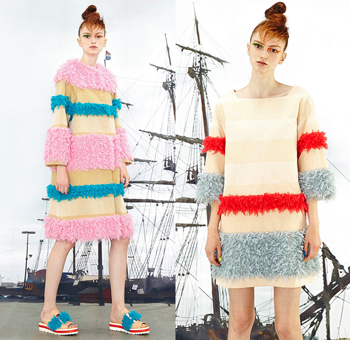 Tsumori Chisato 2016 Resort Cruise Pre-Spring Womens Lookbook Presentation - Pirate Ship Motif Graphic Print Denim Jeans Artwork Sandals Tunic Blouse Abstract Wide Leg Trousers Palazzo Pants Shorts Frayed Raw Hem Fringes Drawstring Knit Sweater Asymmetrical Furry Pants Trousers Outerwear Coatdress Jacket Cape Poncho Dress Shirtdress Skirt Frock Sheer Chiffon Lace Bib Flowers Stripes Embroidery Plaid