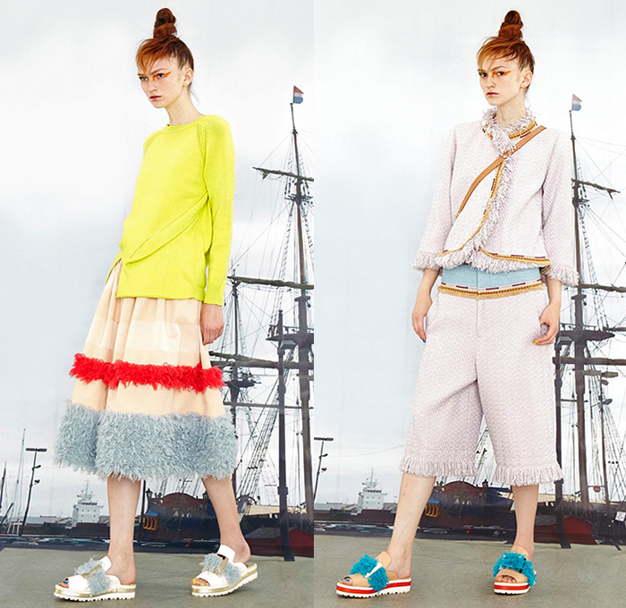 Tsumori Chisato 2016 Resort Cruise Pre-Spring Womens Lookbook Presentation - Pirate Ship Motif Graphic Print Denim Jeans Artwork Sandals Tunic Blouse Abstract Wide Leg Trousers Palazzo Pants Shorts Frayed Raw Hem Fringes Drawstring Knit Sweater Asymmetrical Furry Pants Trousers Outerwear Coatdress Jacket Cape Poncho Dress Shirtdress Skirt Frock Sheer Chiffon Lace Bib Flowers Stripes Embroidery Plaid