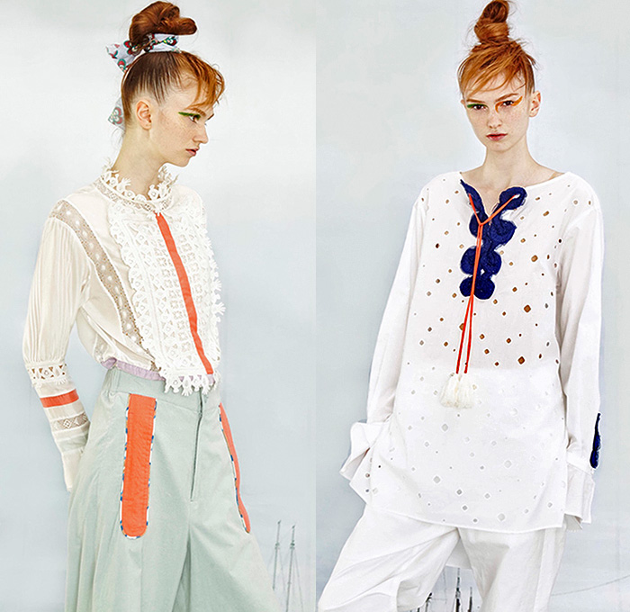 Tsumori Chisato 2016 Resort Cruise Pre-Spring Womens Lookbook Presentation - Pirate Ship Motif Graphic Print Denim Jeans Artwork Sandals Tunic Blouse Abstract Wide Leg Trousers Palazzo Pants Shorts Frayed Raw Hem Fringes Drawstring Knit Sweater Asymmetrical Furry Pants Trousers Outerwear Coatdress Jacket Cape Poncho Dress Shirtdress Skirt Frock Sheer Chiffon Lace Bib Flowers Stripes Embroidery Plaid