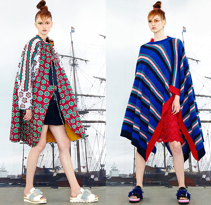 Tsumori Chisato 2016 Resort Cruise Pre-Spring Womens Lookbook Presentation - Pirate Ship Motif Graphic Print Denim Jeans Artwork Sandals Tunic Blouse Abstract Wide Leg Trousers Palazzo Pants Shorts Frayed Raw Hem Fringes Drawstring Knit Sweater Asymmetrical Furry Pants Trousers Outerwear Coatdress Jacket Cape Poncho Dress Shirtdress Skirt Frock Sheer Chiffon Lace Bib Flowers Stripes Embroidery Plaid