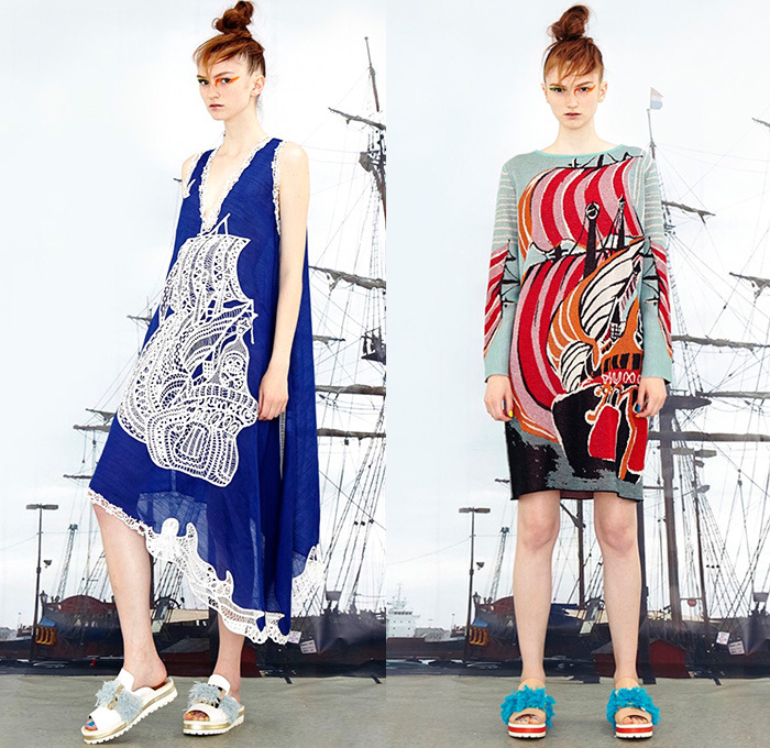 Tsumori Chisato 2016 Resort Cruise Pre-Spring Womens Lookbook Presentation - Pirate Ship Motif Graphic Print Denim Jeans Artwork Sandals Tunic Blouse Abstract Wide Leg Trousers Palazzo Pants Shorts Frayed Raw Hem Fringes Drawstring Knit Sweater Asymmetrical Furry Pants Trousers Outerwear Coatdress Jacket Cape Poncho Dress Shirtdress Skirt Frock Sheer Chiffon Lace Bib Flowers Stripes Embroidery Plaid