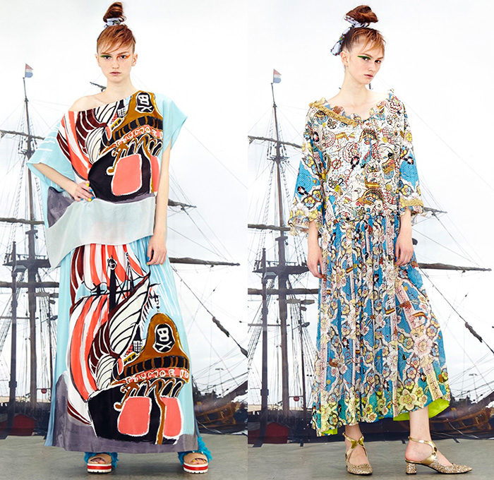 Tsumori Chisato 2016 Resort Cruise Pre-Spring Womens Lookbook Presentation - Pirate Ship Motif Graphic Print Denim Jeans Artwork Sandals Tunic Blouse Abstract Wide Leg Trousers Palazzo Pants Shorts Frayed Raw Hem Fringes Drawstring Knit Sweater Asymmetrical Furry Pants Trousers Outerwear Coatdress Jacket Cape Poncho Dress Shirtdress Skirt Frock Sheer Chiffon Lace Bib Flowers Stripes Embroidery Plaid