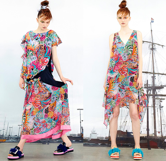 Tsumori Chisato 2016 Resort Cruise Pre-Spring Womens Lookbook Presentation - Pirate Ship Motif Graphic Print Denim Jeans Artwork Sandals Tunic Blouse Abstract Wide Leg Trousers Palazzo Pants Shorts Frayed Raw Hem Fringes Drawstring Knit Sweater Asymmetrical Furry Pants Trousers Outerwear Coatdress Jacket Cape Poncho Dress Shirtdress Skirt Frock Sheer Chiffon Lace Bib Flowers Stripes Embroidery Plaid