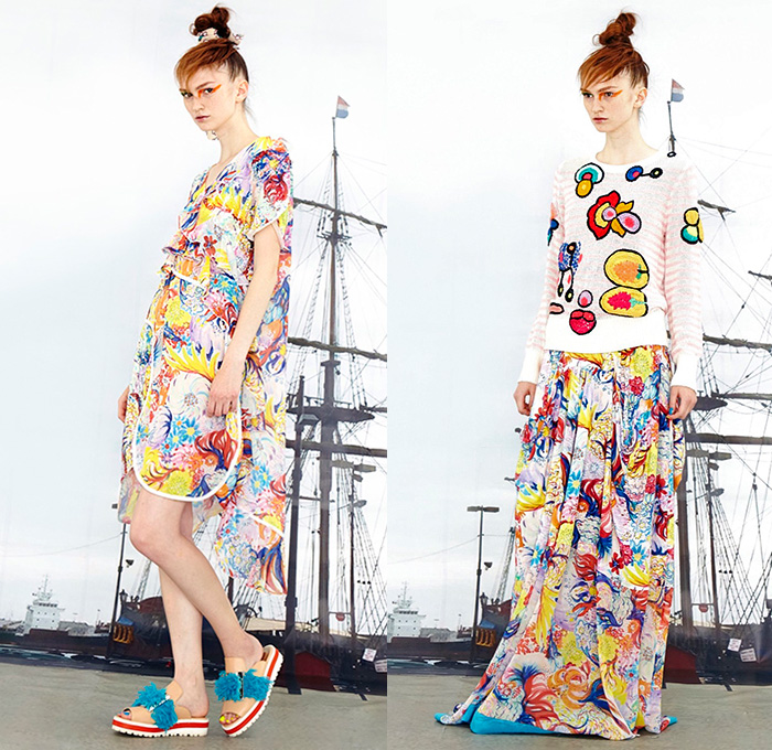 Tsumori Chisato 2016 Resort Cruise Pre-Spring Womens Lookbook Presentation - Pirate Ship Motif Graphic Print Denim Jeans Artwork Sandals Tunic Blouse Abstract Wide Leg Trousers Palazzo Pants Shorts Frayed Raw Hem Fringes Drawstring Knit Sweater Asymmetrical Furry Pants Trousers Outerwear Coatdress Jacket Cape Poncho Dress Shirtdress Skirt Frock Sheer Chiffon Lace Bib Flowers Stripes Embroidery Plaid