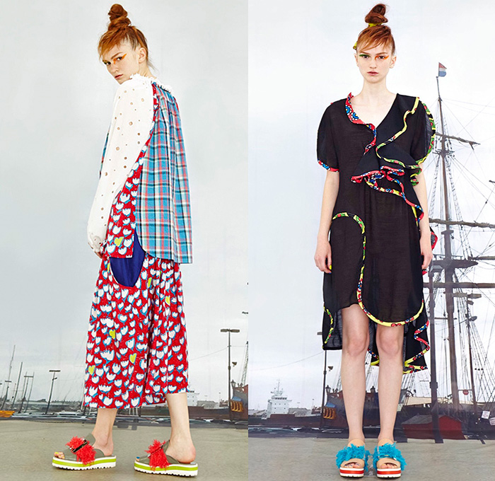 Tsumori Chisato 2016 Resort Cruise Pre-Spring Womens Lookbook Presentation - Pirate Ship Motif Graphic Print Denim Jeans Artwork Sandals Tunic Blouse Abstract Wide Leg Trousers Palazzo Pants Shorts Frayed Raw Hem Fringes Drawstring Knit Sweater Asymmetrical Furry Pants Trousers Outerwear Coatdress Jacket Cape Poncho Dress Shirtdress Skirt Frock Sheer Chiffon Lace Bib Flowers Stripes Embroidery Plaid