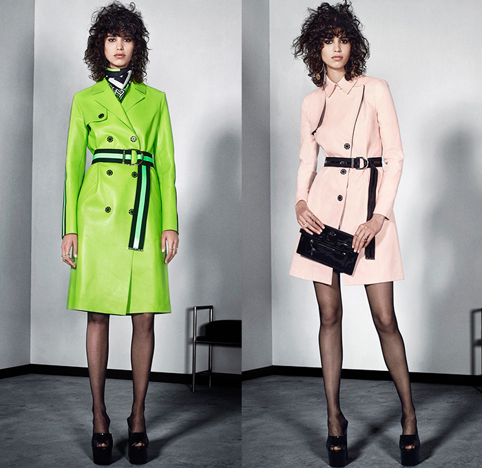 Versace 2016 Resort Cruise Pre-Spring Womens Lookbook Presentation - Acid Bright Neon Colors Slipdress Lingerie Sporty Coatdress Outerwear Coat Jacket Stockings Tights Sheer Chiffon Lace Knit Weave Sweaterdress V-Neck Sweater Jumper Meandros Greek Fret Key Tuxedo Stripe Cropped Pants Trousers Crop Top Midriff Dress Pencil Skirt Frock Noodle Spaghetti Strap Accordion Pleats Flowers Florals Leaves Foliage Print
