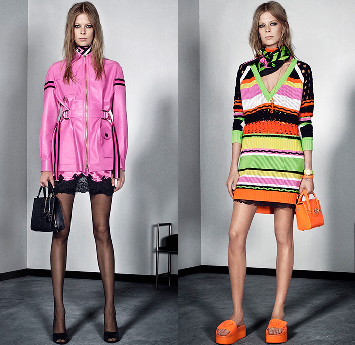 Versace 2016 Resort Cruise Pre-Spring Womens Lookbook Presentation - Acid Bright Neon Colors Slipdress Lingerie Sporty Coatdress Outerwear Coat Jacket Stockings Tights Sheer Chiffon Lace Knit Weave Sweaterdress V-Neck Sweater Jumper Meandros Greek Fret Key Tuxedo Stripe Cropped Pants Trousers Crop Top Midriff Dress Pencil Skirt Frock Noodle Spaghetti Strap Accordion Pleats Flowers Florals Leaves Foliage Print