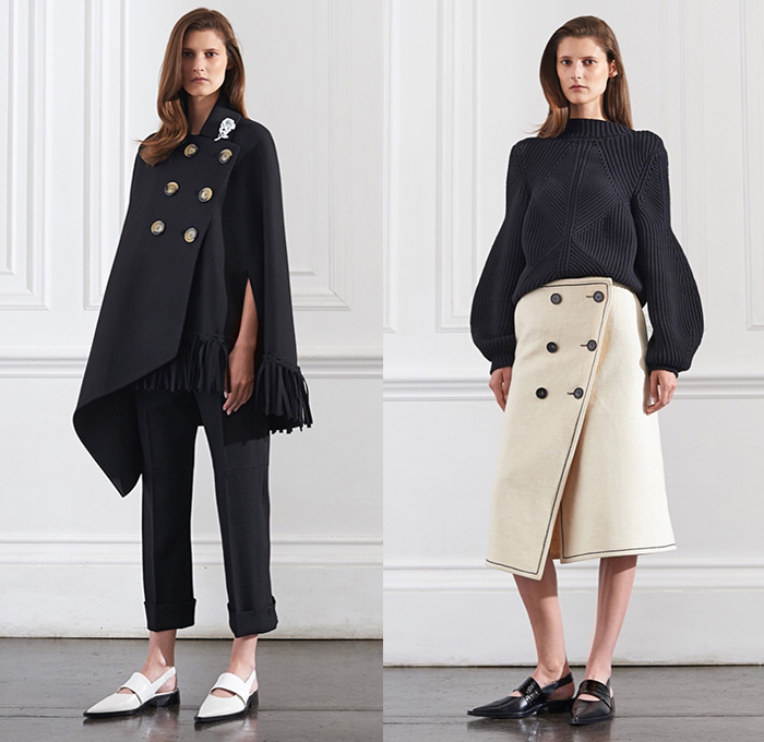 Victoria Beckham 2016 Resort Cruise Pre-Spring Womens Lookbook Presentation - Cape Poncho Hanging Sleeve Fringes Cropped Pants Trousers Trenchskirt Handkerchief Hem Knit Crochet Weave Sweater Jumper Curved Hearts Shirtdress Maxi Dress Pleats Fanny Pack Waist Pouch Outerwear Coat Blazer Tuxedo Jacket Stripes Accordion Pleats Wrap Mesh Lace Belt Strap Gown Eveningwear