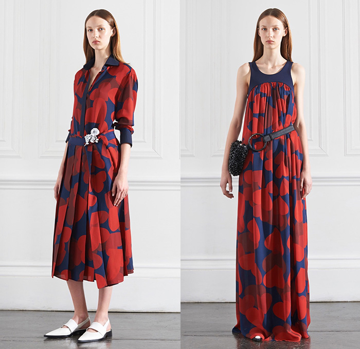 Victoria Beckham 2016 Resort Cruise Pre-Spring Womens Lookbook Presentation - Cape Poncho Hanging Sleeve Fringes Cropped Pants Trousers Trenchskirt Handkerchief Hem Knit Crochet Weave Sweater Jumper Curved Hearts Shirtdress Maxi Dress Pleats Fanny Pack Waist Pouch Outerwear Coat Blazer Tuxedo Jacket Stripes Accordion Pleats Wrap Mesh Lace Belt Strap Gown Eveningwear