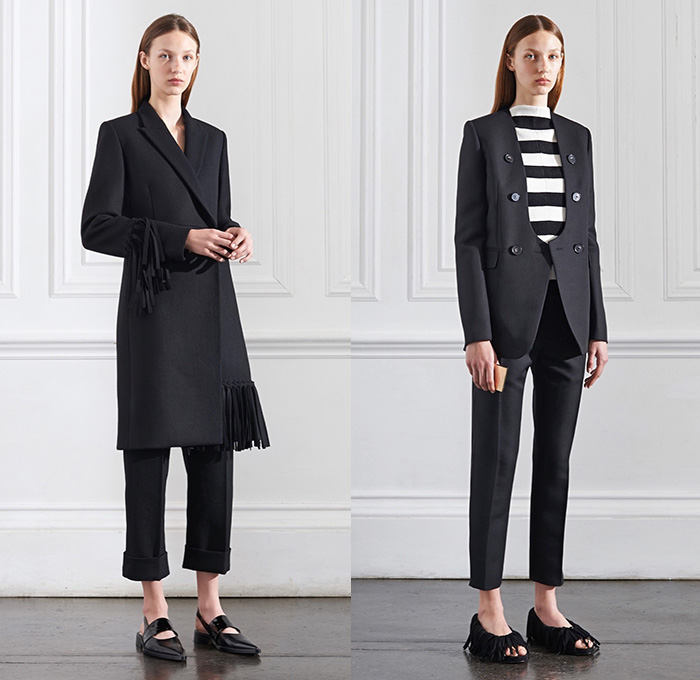 Victoria Beckham 2016 Resort Cruise Pre-Spring Womens Lookbook Presentation - Cape Poncho Hanging Sleeve Fringes Cropped Pants Trousers Trenchskirt Handkerchief Hem Knit Crochet Weave Sweater Jumper Curved Hearts Shirtdress Maxi Dress Pleats Fanny Pack Waist Pouch Outerwear Coat Blazer Tuxedo Jacket Stripes Accordion Pleats Wrap Mesh Lace Belt Strap Gown Eveningwear