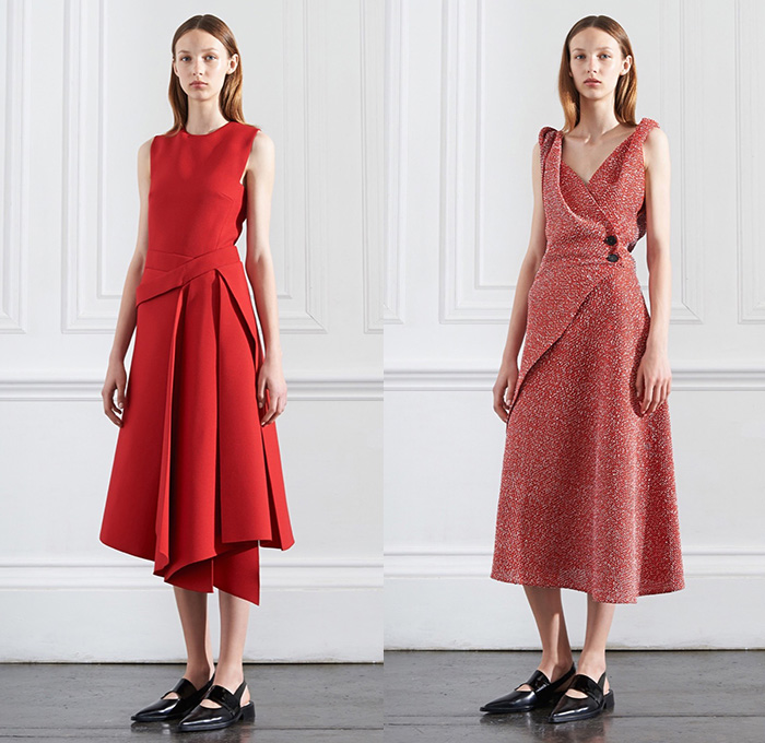 Victoria Beckham 2016 Resort Cruise Pre-Spring Womens Lookbook Presentation - Cape Poncho Hanging Sleeve Fringes Cropped Pants Trousers Trenchskirt Handkerchief Hem Knit Crochet Weave Sweater Jumper Curved Hearts Shirtdress Maxi Dress Pleats Fanny Pack Waist Pouch Outerwear Coat Blazer Tuxedo Jacket Stripes Accordion Pleats Wrap Mesh Lace Belt Strap Gown Eveningwear