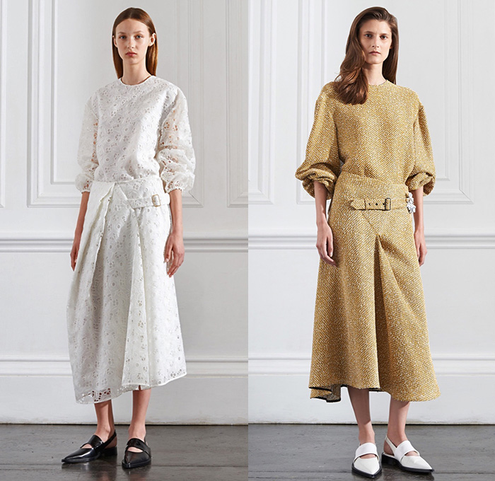 Victoria Beckham 2016 Resort Cruise Pre-Spring Womens Lookbook Presentation - Cape Poncho Hanging Sleeve Fringes Cropped Pants Trousers Trenchskirt Handkerchief Hem Knit Crochet Weave Sweater Jumper Curved Hearts Shirtdress Maxi Dress Pleats Fanny Pack Waist Pouch Outerwear Coat Blazer Tuxedo Jacket Stripes Accordion Pleats Wrap Mesh Lace Belt Strap Gown Eveningwear