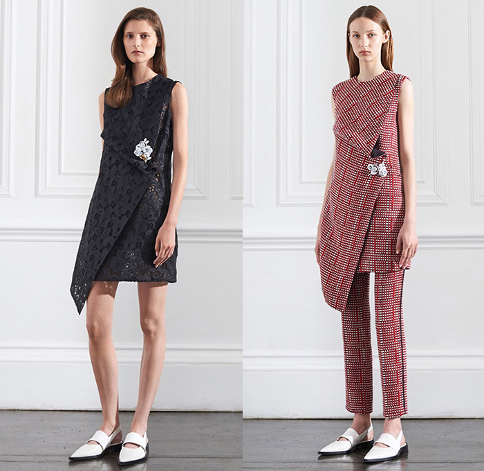 Victoria Beckham 2016 Resort Cruise Pre-Spring Womens Lookbook Presentation - Cape Poncho Hanging Sleeve Fringes Cropped Pants Trousers Trenchskirt Handkerchief Hem Knit Crochet Weave Sweater Jumper Curved Hearts Shirtdress Maxi Dress Pleats Fanny Pack Waist Pouch Outerwear Coat Blazer Tuxedo Jacket Stripes Accordion Pleats Wrap Mesh Lace Belt Strap Gown Eveningwear