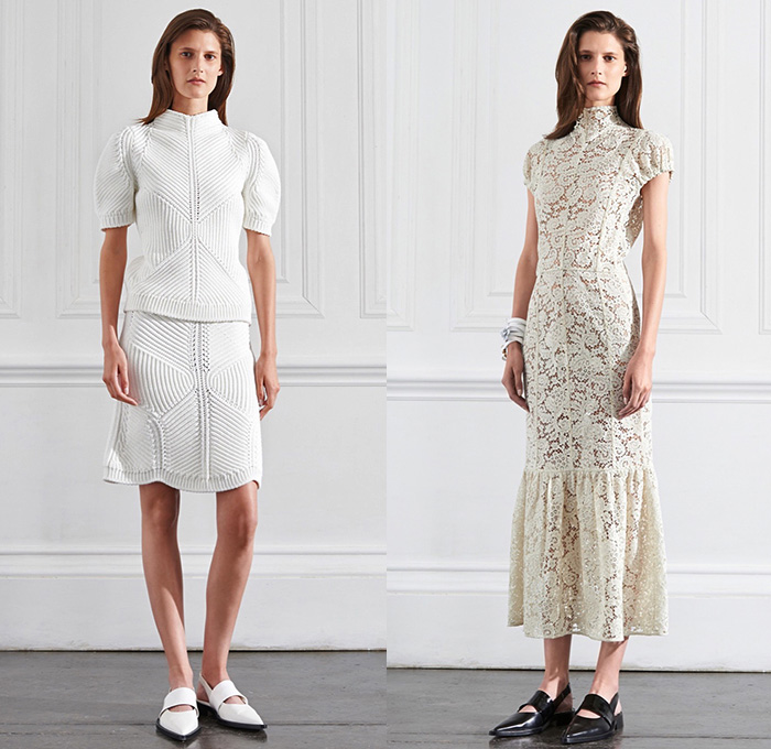 Victoria Beckham 2016 Resort Cruise Pre-Spring Womens Lookbook Presentation - Cape Poncho Hanging Sleeve Fringes Cropped Pants Trousers Trenchskirt Handkerchief Hem Knit Crochet Weave Sweater Jumper Curved Hearts Shirtdress Maxi Dress Pleats Fanny Pack Waist Pouch Outerwear Coat Blazer Tuxedo Jacket Stripes Accordion Pleats Wrap Mesh Lace Belt Strap Gown Eveningwear