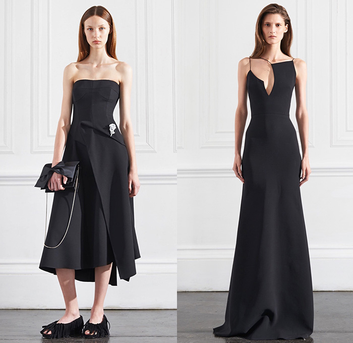 Victoria Beckham 2016 Resort Cruise Pre-Spring Womens Lookbook Presentation - Cape Poncho Hanging Sleeve Fringes Cropped Pants Trousers Trenchskirt Handkerchief Hem Knit Crochet Weave Sweater Jumper Curved Hearts Shirtdress Maxi Dress Pleats Fanny Pack Waist Pouch Outerwear Coat Blazer Tuxedo Jacket Stripes Accordion Pleats Wrap Mesh Lace Belt Strap Gown Eveningwear