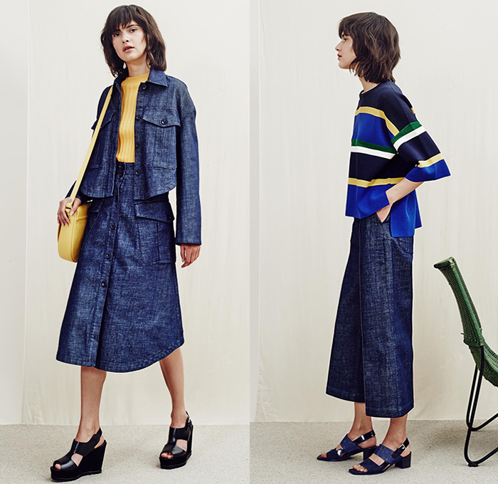 Whistles London 2016 Resort Cruise Pre-Spring Womens Lookbook Presentation - 1970s Seventies Denim Jeans Wide Leg Trousers Palazzo Pants Culottes Gauchos Skirt Frock Outerwear Coat Jacket Furry Knit Sweater Jumper Stripes Onesie Jumpsuit Salopette Coveralls Bib Brace Dungarees Blouse Suede Leather Plaid Tartan Tunic Daisies Flowers Florals Maxi Dress Bag Sandals