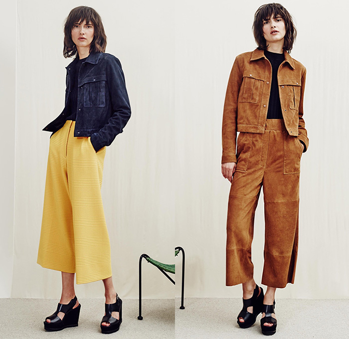 Whistles London 2016 Resort Cruise Pre-Spring Womens Lookbook Presentation - 1970s Seventies Denim Jeans Wide Leg Trousers Palazzo Pants Culottes Gauchos Skirt Frock Outerwear Coat Jacket Furry Knit Sweater Jumper Stripes Onesie Jumpsuit Salopette Coveralls Bib Brace Dungarees Blouse Suede Leather Plaid Tartan Tunic Daisies Flowers Florals Maxi Dress Bag Sandals