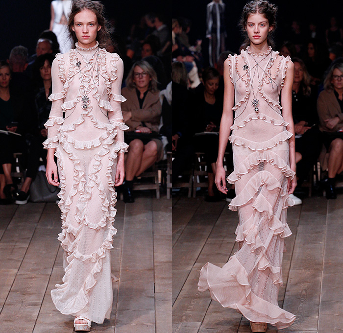Alexander McQueen 2016 Spring Summer Womens Runway Catwalk Looks - Mode à Paris Fashion Week Mode Féminin France - Denim Jeans Pink Victorian Bird Dove Embroidery Ruffles Outerwear Coat Bedazzled Sequins Sheer Chiffon Tulle Lace Mesh Net Perforated Silk Satin Flowers Floral One Shoulder Maxi Dress Gown Eveningwear Noodle Strap Low Neckline Tiered Pleats Straps Crop Top Fringes Jacket Sneakers Furry Feathers
