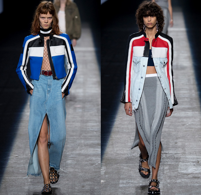 Alexander Wang 2016 Spring Summer Womens Runway Catwalk Looks - New York Fashion Week - Denim Jeans High Streetwear Mesh Fishnet Coat Motorcycle Biker Jacket Skirt Leather Turtleneck Knit Multi-Panel Ribbed Crop Top Midriff Bralette Embroidery Metallic Studs Vestdress Waistcoat Bomber Jacket Wide Leg Trousers Palazzo Pants Fringes Military Cargo Pockets Sweatshirt Hoodie Maxi Dress Halter Top Strapless Ruffles