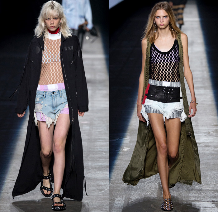 Alexander Wang 2016 Spring Summer Womens Runway Catwalk Looks - New York Fashion Week - Denim Jeans High Streetwear Mesh Fishnet Coat Motorcycle Biker Jacket Skirt Leather Turtleneck Knit Multi-Panel Ribbed Crop Top Midriff Bralette Embroidery Metallic Studs Vestdress Waistcoat Bomber Jacket Wide Leg Trousers Palazzo Pants Fringes Military Cargo Pockets Sweatshirt Hoodie Maxi Dress Halter Top Strapless Ruffles