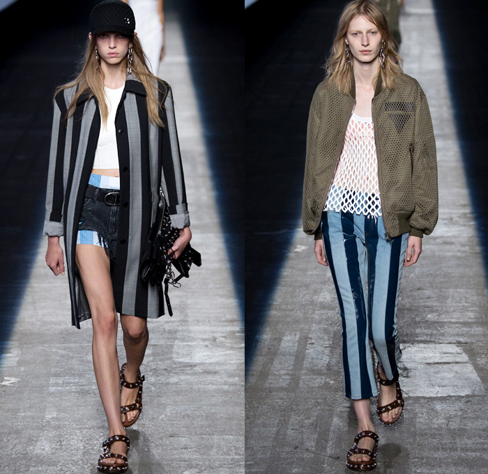 Alexander Wang 2016 Spring Summer Womens Runway Catwalk Looks - New York Fashion Week - Denim Jeans High Streetwear Mesh Fishnet Coat Motorcycle Biker Jacket Skirt Leather Turtleneck Knit Multi-Panel Ribbed Crop Top Midriff Bralette Embroidery Metallic Studs Vestdress Waistcoat Bomber Jacket Wide Leg Trousers Palazzo Pants Fringes Military Cargo Pockets Sweatshirt Hoodie Maxi Dress Halter Top Strapless Ruffles