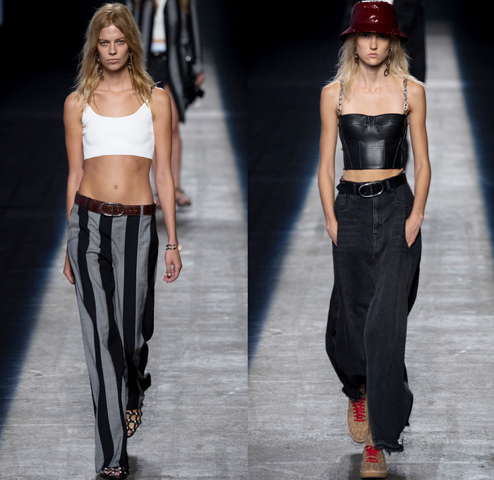 Alexander Wang 2016 Spring Summer Womens Runway Catwalk Looks - New York Fashion Week - Denim Jeans High Streetwear Mesh Fishnet Coat Motorcycle Biker Jacket Skirt Leather Turtleneck Knit Multi-Panel Ribbed Crop Top Midriff Bralette Embroidery Metallic Studs Vestdress Waistcoat Bomber Jacket Wide Leg Trousers Palazzo Pants Fringes Military Cargo Pockets Sweatshirt Hoodie Maxi Dress Halter Top Strapless Ruffles