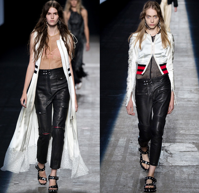 Alexander Wang 2016 Spring Summer Womens Runway Catwalk Looks - New York Fashion Week - Denim Jeans High Streetwear Mesh Fishnet Coat Motorcycle Biker Jacket Skirt Leather Turtleneck Knit Multi-Panel Ribbed Crop Top Midriff Bralette Embroidery Metallic Studs Vestdress Waistcoat Bomber Jacket Wide Leg Trousers Palazzo Pants Fringes Military Cargo Pockets Sweatshirt Hoodie Maxi Dress Halter Top Strapless Ruffles