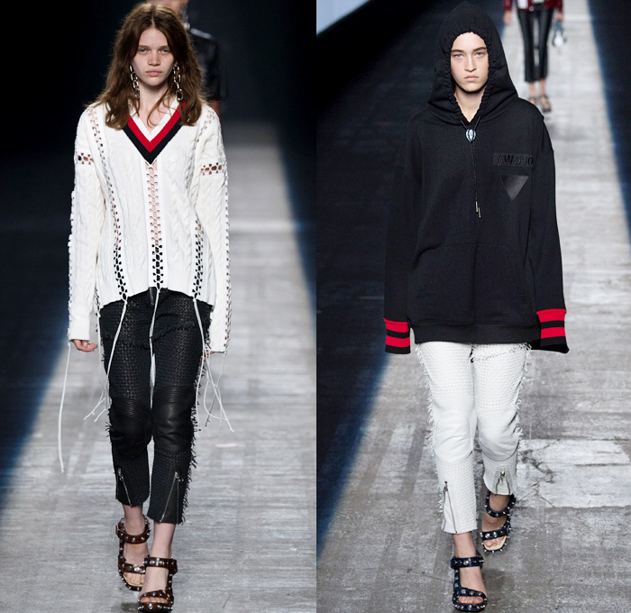 Alexander Wang 2016 Spring Summer Womens Runway Catwalk Looks - New York Fashion Week - Denim Jeans High Streetwear Mesh Fishnet Coat Motorcycle Biker Jacket Skirt Leather Turtleneck Knit Multi-Panel Ribbed Crop Top Midriff Bralette Embroidery Metallic Studs Vestdress Waistcoat Bomber Jacket Wide Leg Trousers Palazzo Pants Fringes Military Cargo Pockets Sweatshirt Hoodie Maxi Dress Halter Top Strapless Ruffles