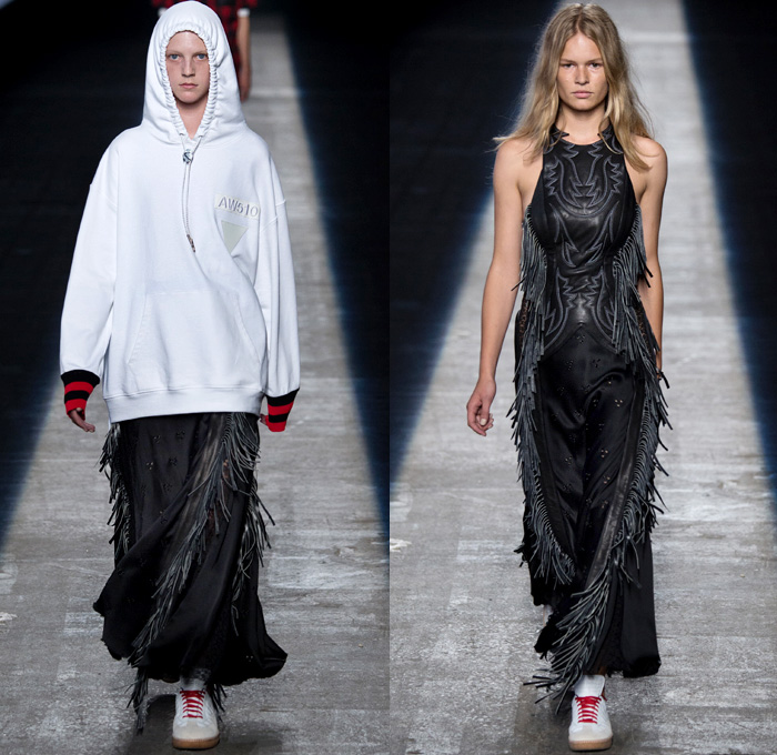 Alexander Wang 2016 Spring Summer Womens Runway Catwalk Looks - New York Fashion Week - Denim Jeans High Streetwear Mesh Fishnet Coat Motorcycle Biker Jacket Skirt Leather Turtleneck Knit Multi-Panel Ribbed Crop Top Midriff Bralette Embroidery Metallic Studs Vestdress Waistcoat Bomber Jacket Wide Leg Trousers Palazzo Pants Fringes Military Cargo Pockets Sweatshirt Hoodie Maxi Dress Halter Top Strapless Ruffles