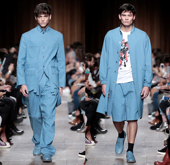 Alexandra Moura 2016 Spring Summer Mens Runway Catwalk Looks - Moda Lisboa Fashion Week Lisbon Portugal - The Timers Modalisboa Denim Jeans Ribbon Bow Knot Straps Slouchy Outerwear Coat Jacket Shorts Sneakers Jacquard Hoodie Embroidery Shirt Long Sleeve Clown Pants Trousers Brace Suspenders