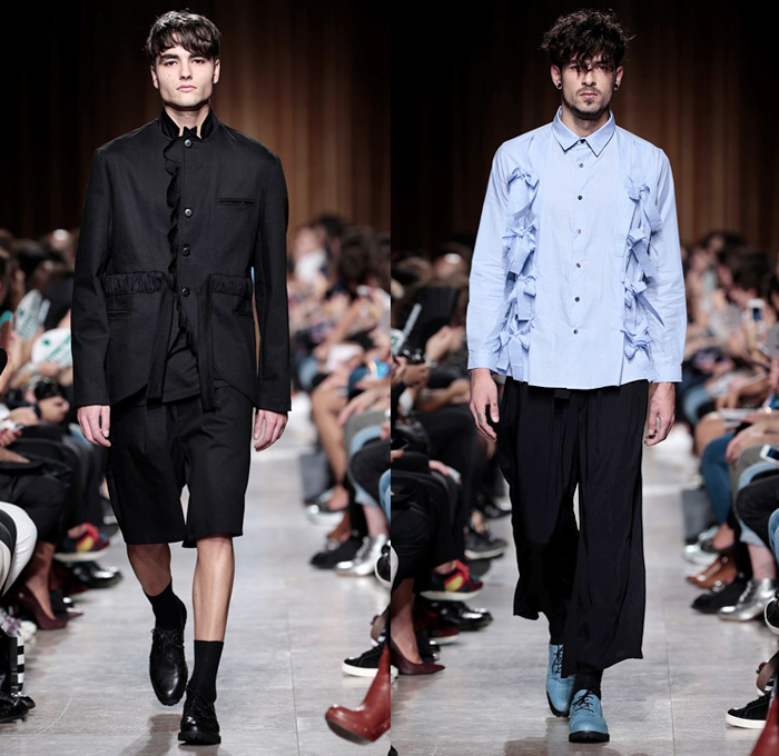 Alexandra Moura 2016 Spring Summer Mens Runway Catwalk Looks - Moda Lisboa Fashion Week Lisbon Portugal - The Timers Modalisboa Denim Jeans Ribbon Bow Knot Straps Slouchy Outerwear Coat Jacket Shorts Sneakers Jacquard Hoodie Embroidery Shirt Long Sleeve Clown Pants Trousers Brace Suspenders