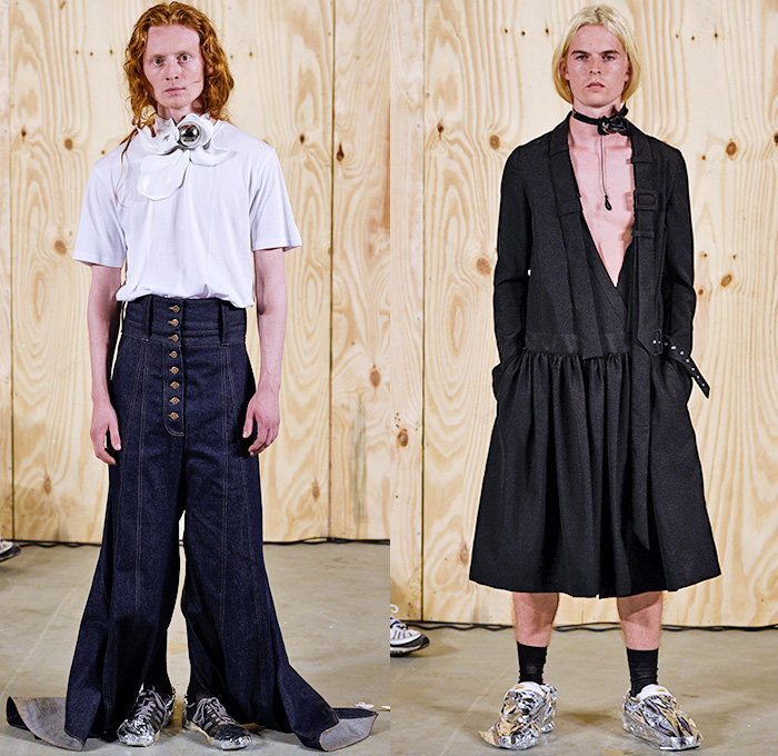 Anne Sofie Madsen 2016 Spring Summer Mens Lookbook Presentation - Copenhagen Fashion Week Denmark CPHFW - Denim Jeans Embroidery 3D Embellishments Adornments Bedazzled Outerwear Trench Coat Overcoat Wide Leg Trousers Palazzo Pants High Slit PVC Necklace Chain Straps Mirrors Asymmetrical Hem Deconstructed Organic Shape Dress O-ring D-ring Flowers Florals Patchwork Hotpants Manskirt Kilt
