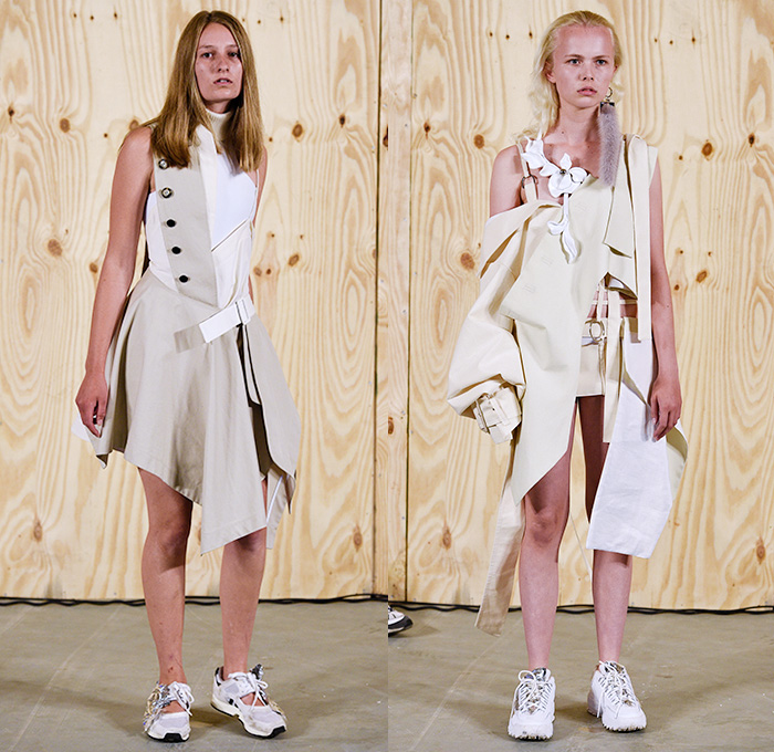 Anne Sofie Madsen 2016 Spring Summer Womens Lookbook Presentation - Copenhagen Fashion Week Denmark CPHFW - Denim Jeans Embroidery 3D Embellishments Adornments Bedazzled Outerwear Trench Coat Overcoat Wide Leg Trousers Palazzo Pants High Slit PVC Necklace Chain Straps Mirrors Asymmetrical Hem Deconstructed Organic Shape Dress O-ring D-ring Flowers Florals Patchwork Hotpants Manskirt Kilt