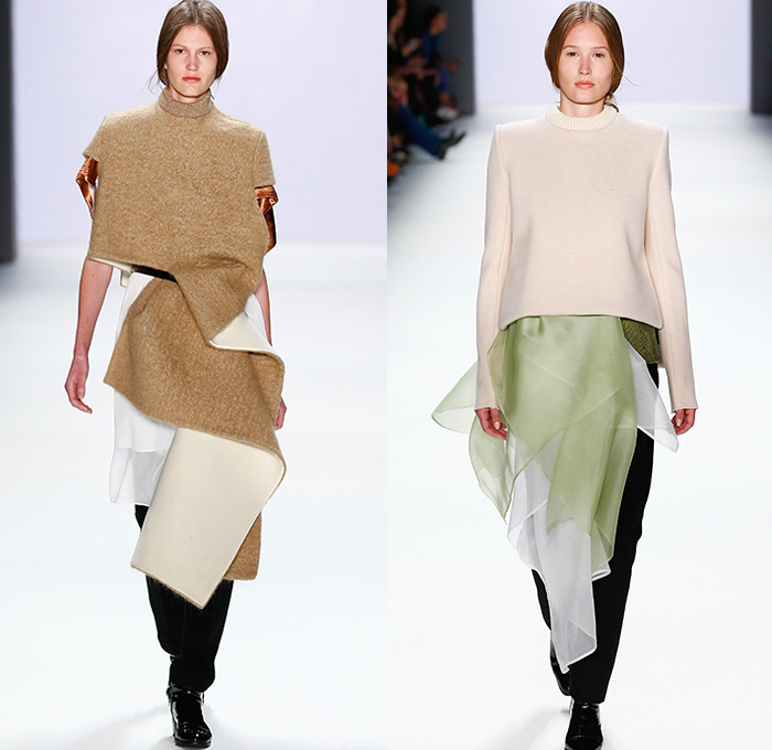 Annelie Schubert 2016 Spring Summer Womens Runway Catwalk Looks - Presented by Mercedes-Benz and Elle - Mercedes-Benz Fashion Week Berlin Germany Deutschland - Tiered Wool Deconstructed Roll Neck Furry Chunky Knit Ribbed Pants Trousers Sheer Chiffon Tulle Hanging Sleeve Dress Skirt Frock One Piece Sweaterdress