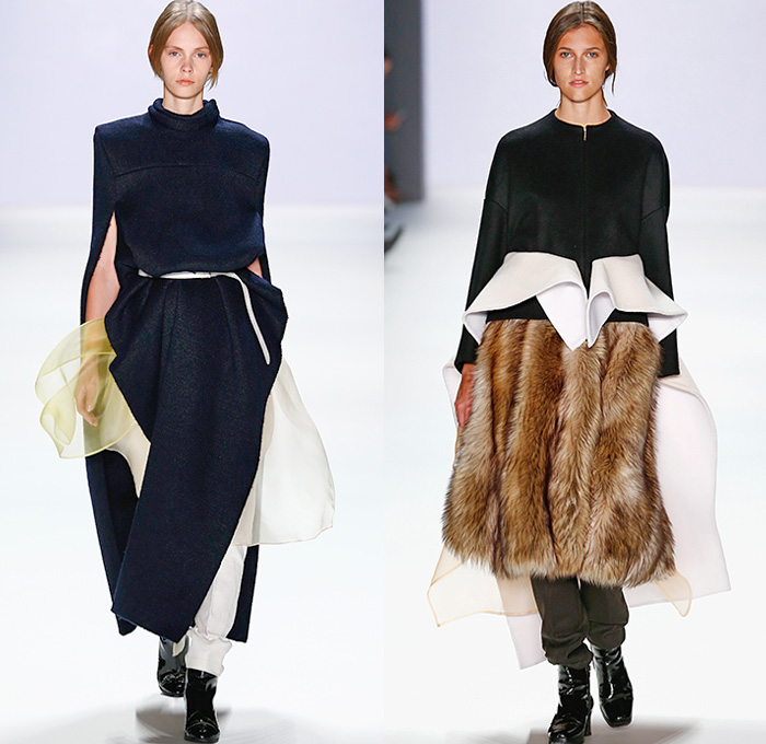 Annelie Schubert 2016 Spring Summer Womens Runway Catwalk Looks - Presented by Mercedes-Benz and Elle - Mercedes-Benz Fashion Week Berlin Germany Deutschland - Tiered Wool Deconstructed Roll Neck Furry Chunky Knit Ribbed Pants Trousers Sheer Chiffon Tulle Hanging Sleeve Dress Skirt Frock One Piece Sweaterdress